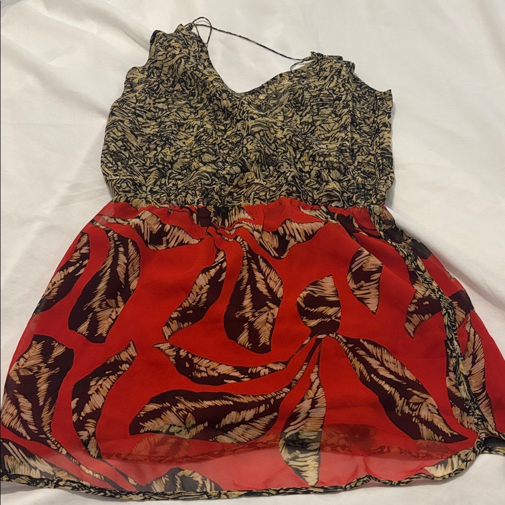 VIX PAULA HERMANNY red & Tan tropical mini dress 100% silk SZ M resort wear NWT - Picture 3 of 14